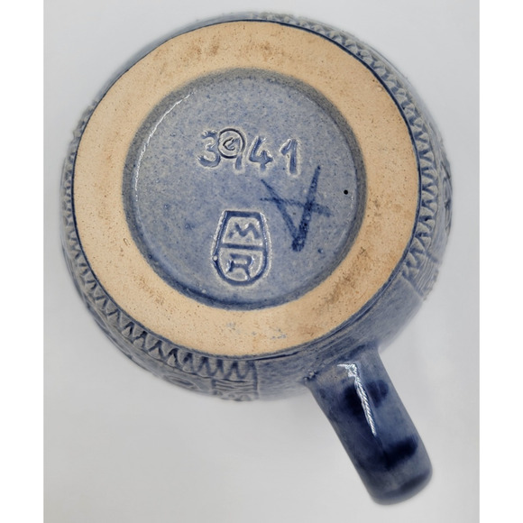 2 Marzi Remy 3141 Pottery Mug German Stein Blue Engraved Floral Cup 1950 - 1970 - Picture 8 of 8